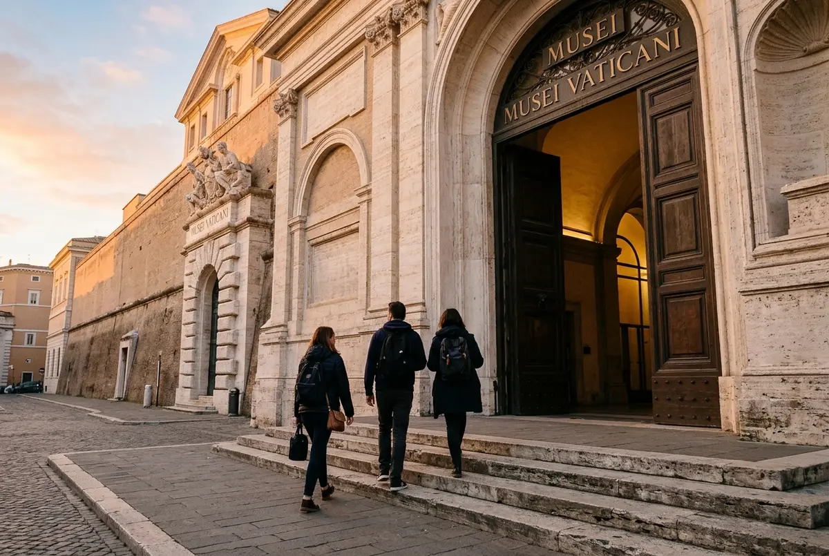 Small group of travelers walking into the empty Vatican Museums entrance at sunrise with soft golden light and no crowds