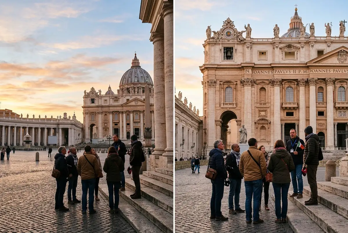 Side-by-side scene of a small Vatican tour group at sunrise beside St Peter's dome lit warm gold, best vatican tours comparison