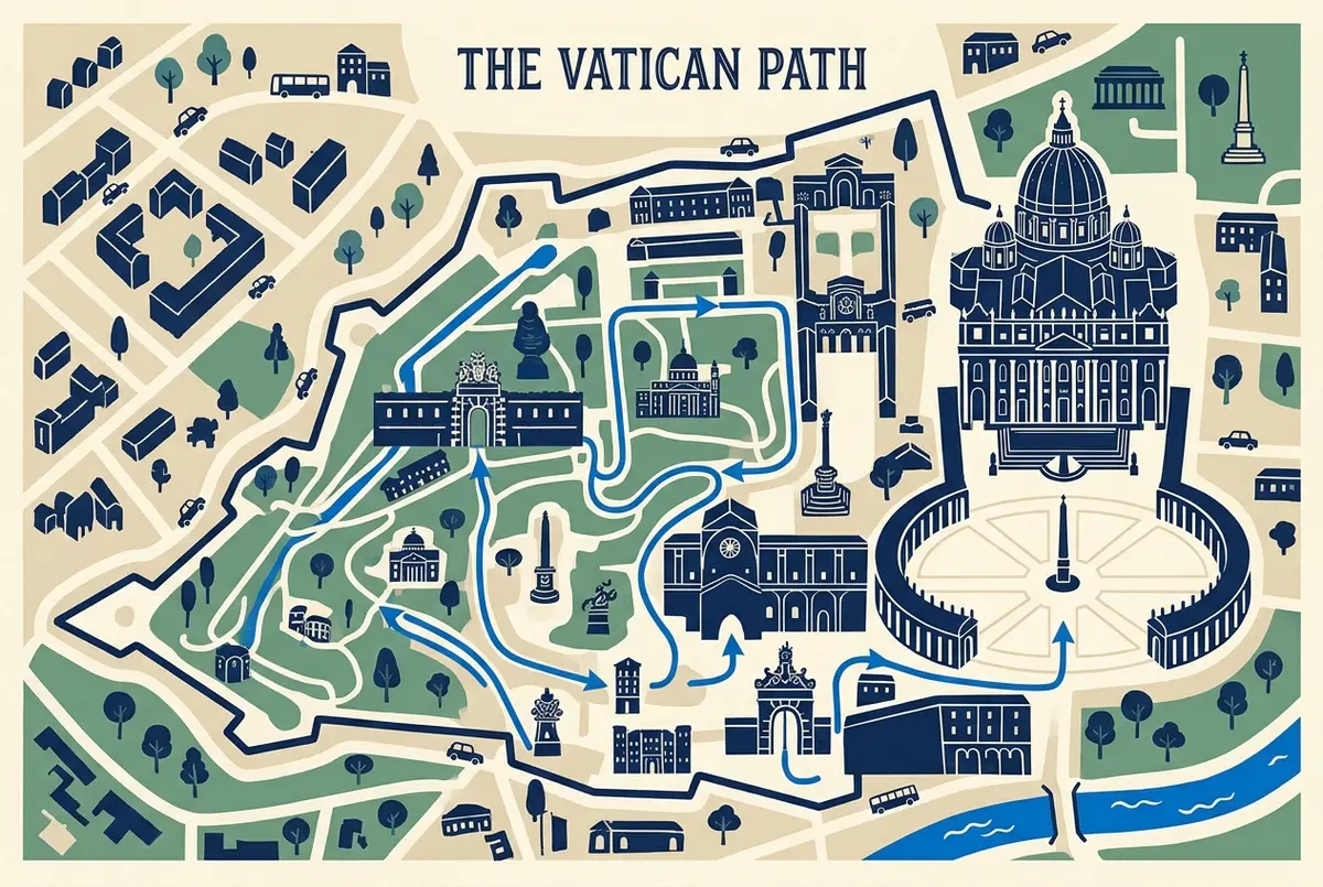 Map showing the walking route from the Vatican Museums entrance through the Sistine Chapel to St. Peter's Basilica