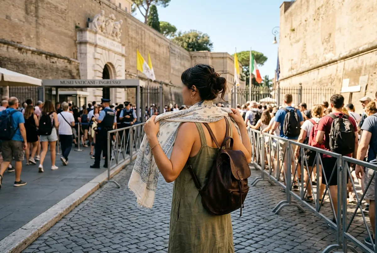 Traveler adjusting a light scarf over bare shoulders outside the Vatican Museums security checkpoint on a sunny day