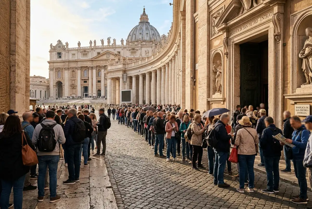 File de visiteurs patiente devant l'entrée des musées du vatican tôt le matin avant les horaires chapelle sixtine, lumière douce du lever du soleil