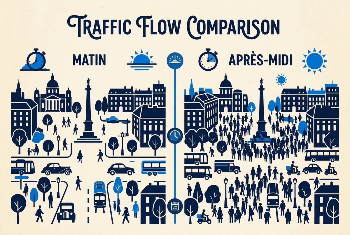 Infographie comparant l'affluence matin et après-midi selon les horaires chapelle sixtine, icônes génériques horloge et silhouettes de foule