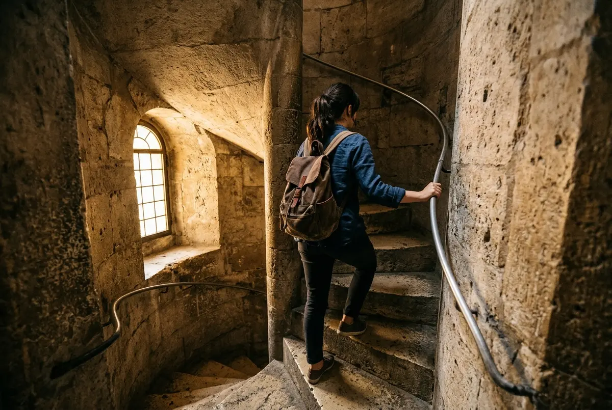 Visiteur grimpant un escalier en colimaçon étroit en pierre vers le dôme basilique saint pierre, lumière naturelle filtrant d'une petite fenêtre