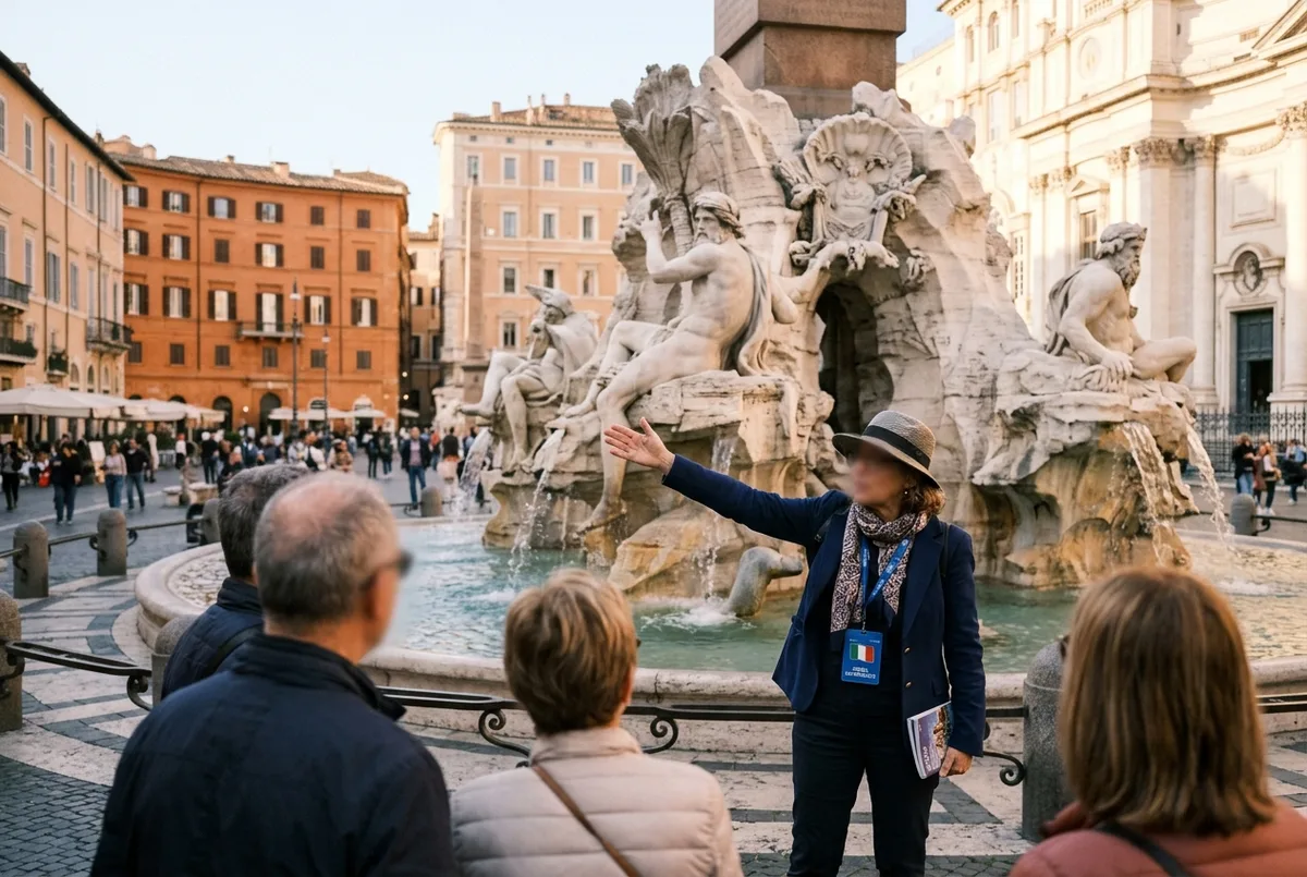 Licensed guide gesturing toward Bernini's Baldachin inside St Peter's Basilica as a small group listens