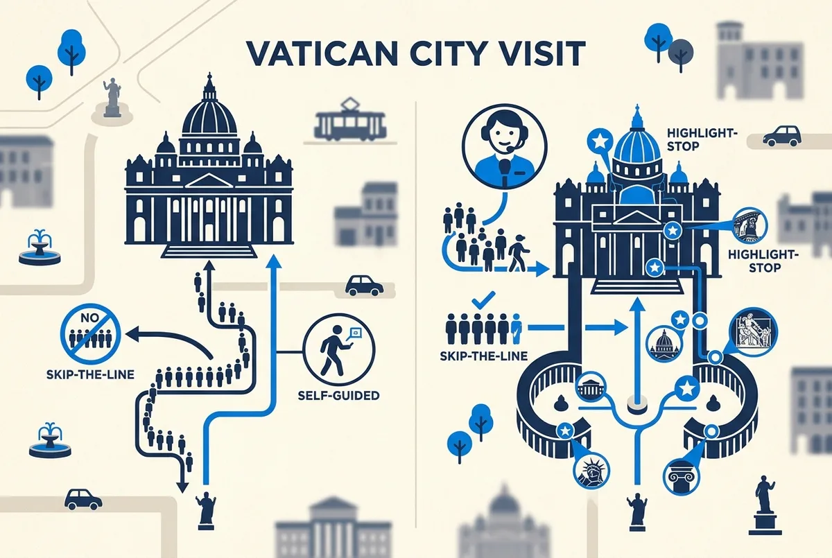 Simple diagram comparing a free self-guided St Peter's Basilica visit against a guided tour, showing guide, skip-the-line and highlight-stop icons with no price text
