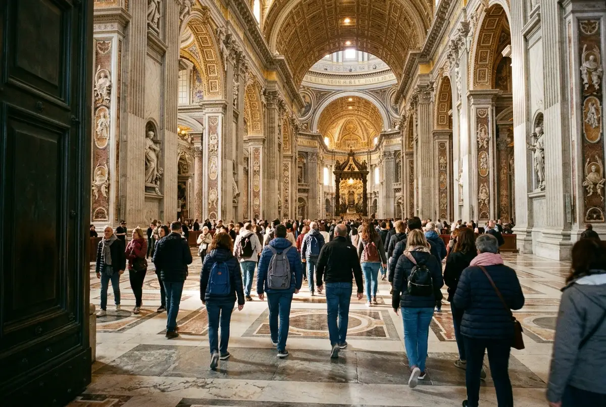 Visitors walking into St Peter's Basilica through its grand entrance doors in early morning light with St Peter's Square behind them