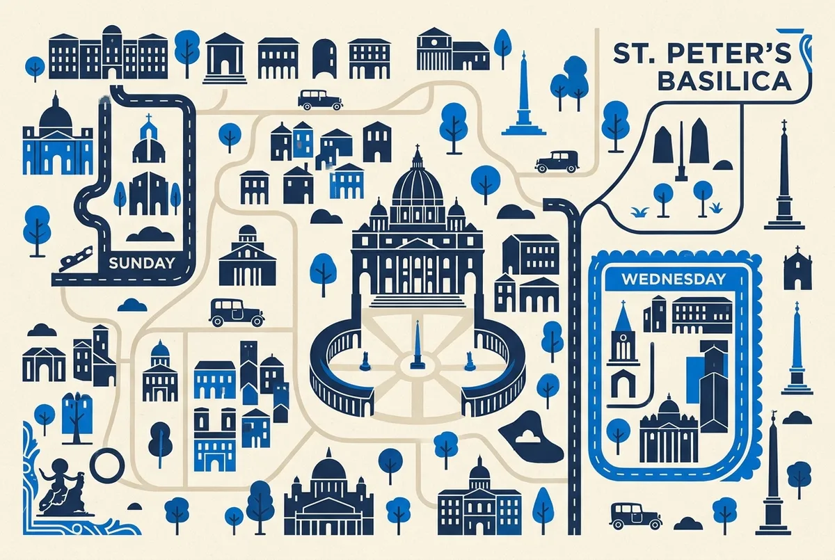 Simple infographic showing a typical weekly schedule of St Peter's Basilica opening hours and daily Mass times with Sunday and Wednesday highlighted