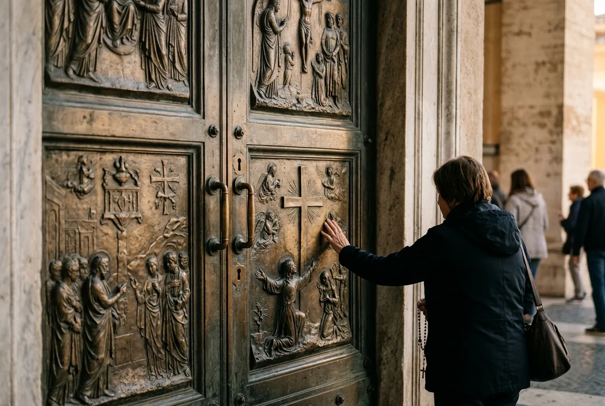 Close view of the bronze Holy Door panels on St Peter's Basilica facade with St Peter's Square visitors passing in soft afternoon light