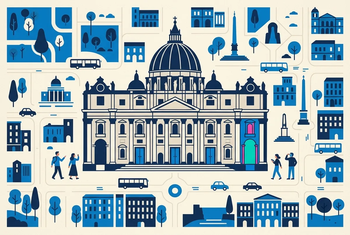 Simple diagram of St Peter's Basilica facade labeling all five entrance doors with the Holy Door highlighted on the far right
