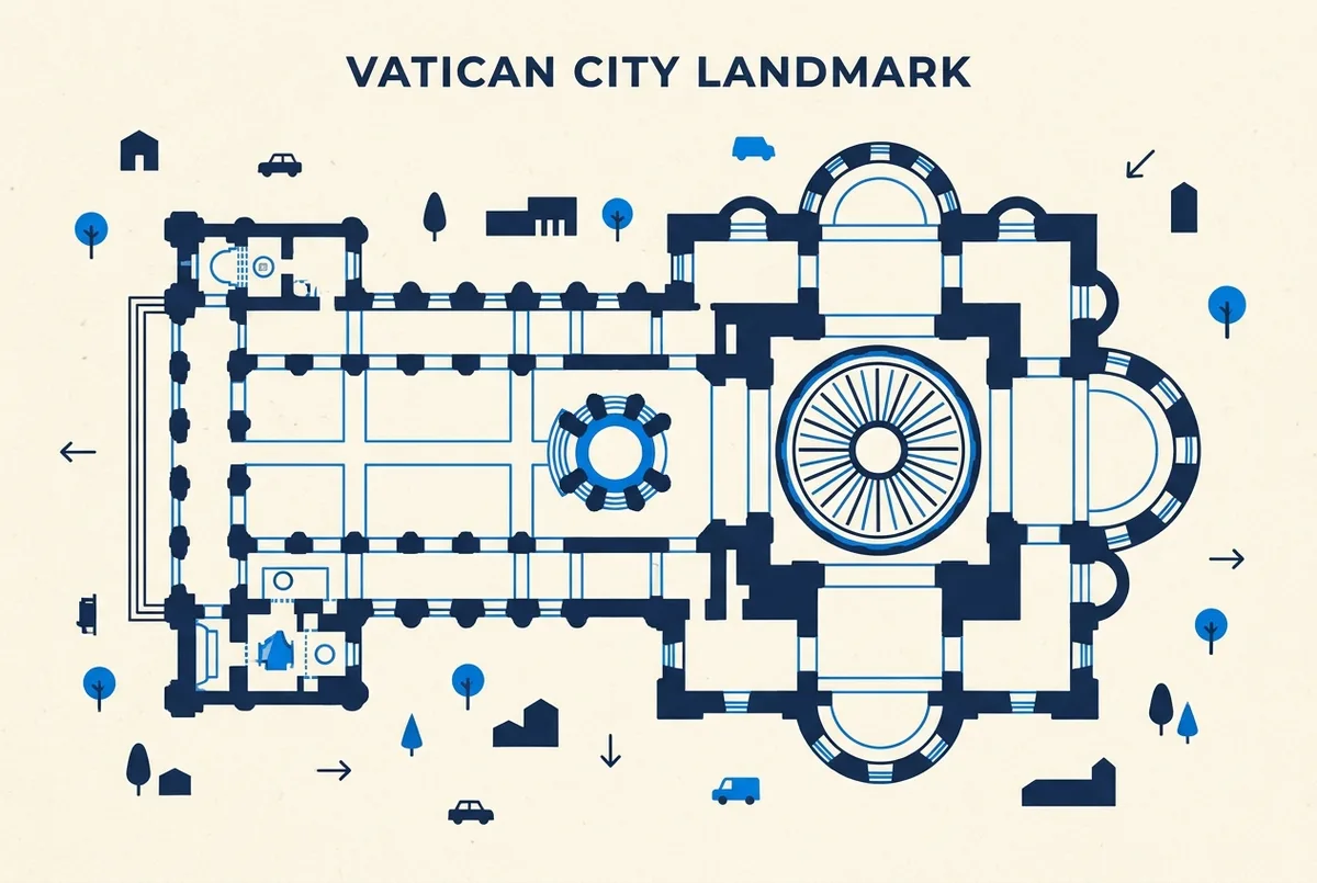 Simple floor plan diagram of St Peter's Basilica labeling the Pieta chapel near the entrance, Bernini's Baldachin at the main altar, and the dome above, generic labels only, no statistics
