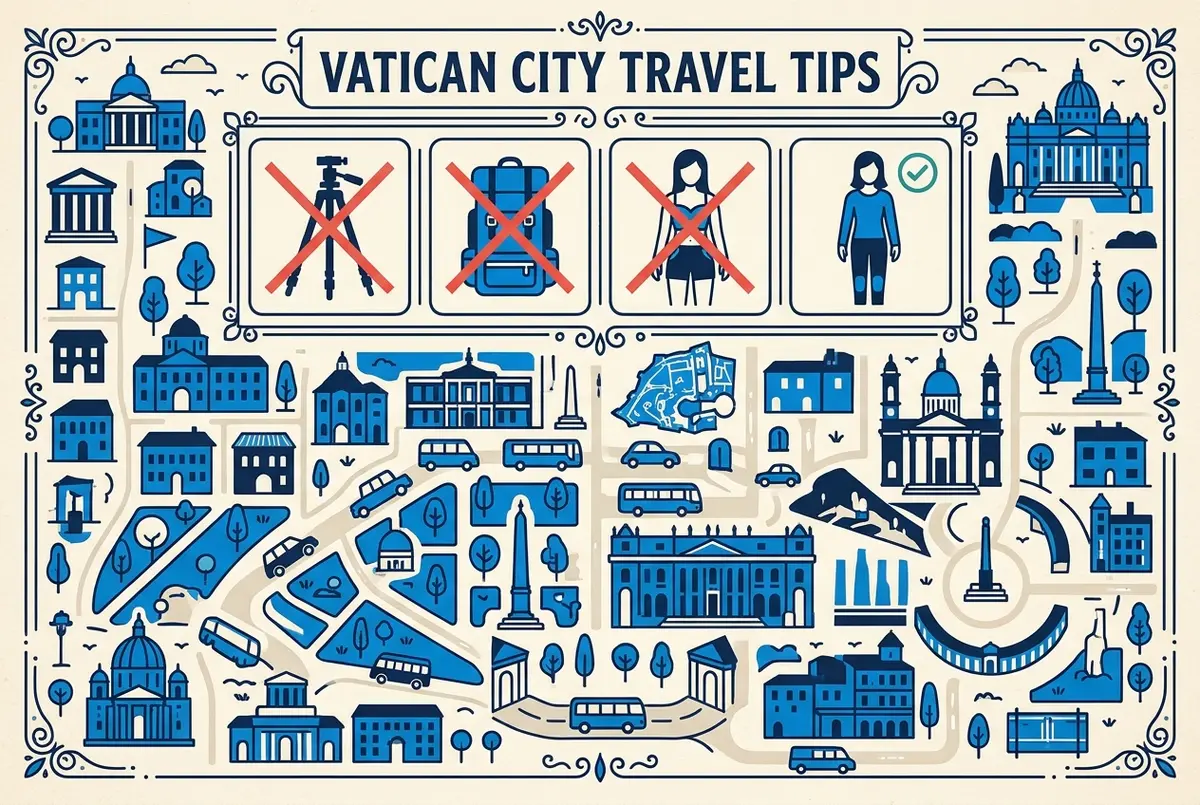 Simple icon infographic showing a crossed-out tripod, a crossed-out large backpack, and a shoulders-and-knees dress code icon for St Peter's Basilica security, generic icons only, no statistics