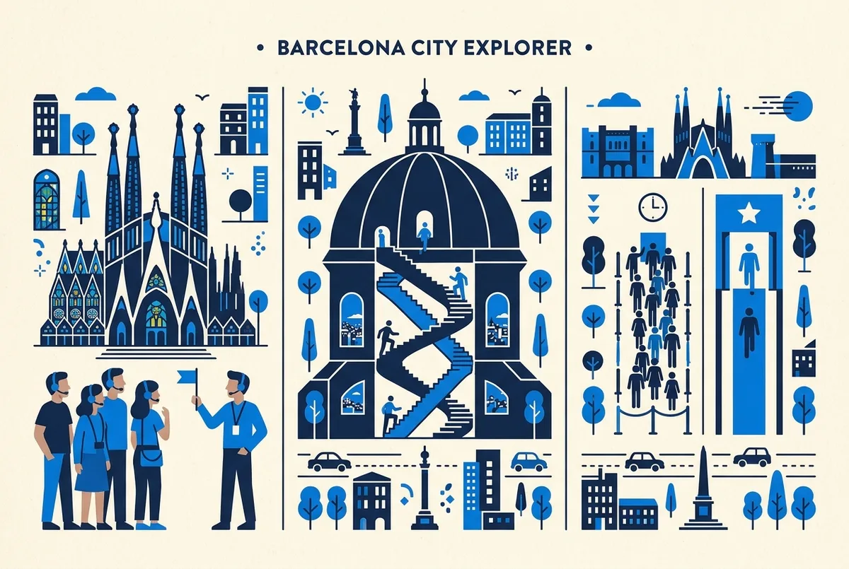 Side-by-side infographic comparing a guided Basilica tour, the Dome climb and skip-the-line security access with simple icons for guide, stairs and queue, no price text