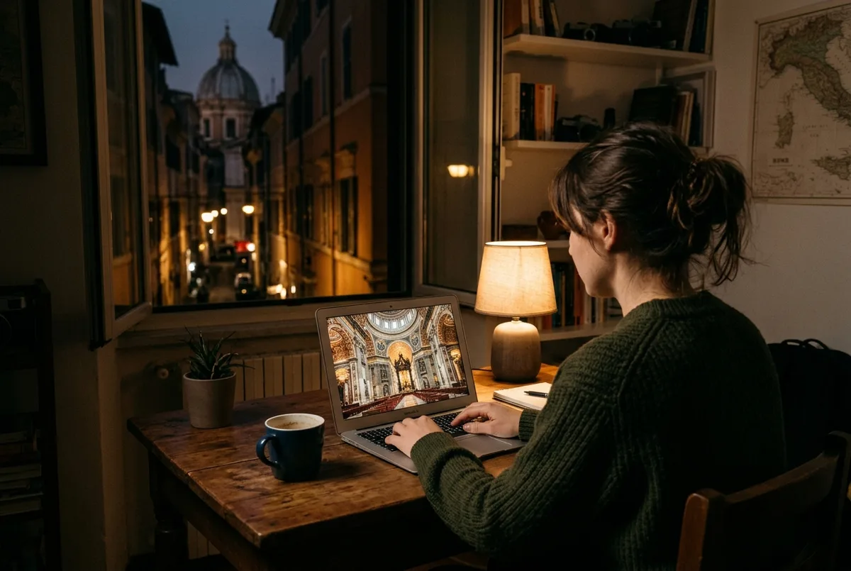 Osoba siedząca wieczorem przy laptopie w domu, na ekranie panoramiczny widok wnętrza Bazyliki Świętego Piotra podczas wirtualnego zwiedzania, ciepłe światło lampy