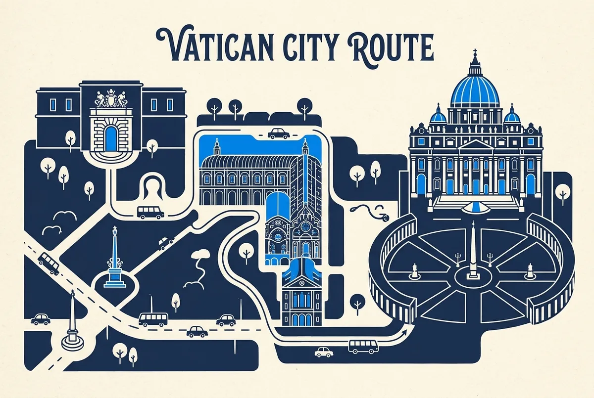 Karte mit der Route vom Eingang der Vatikanischen Museen über die Sixtinische Kapelle bis zum Petersplatz und Petersdom