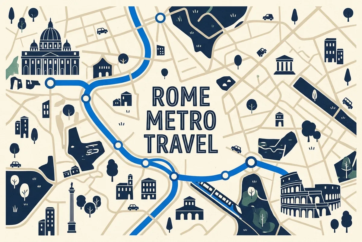 Simple map infographic showing the metro route and travel time between the Vatican Museums and the Colosseum across central Rome