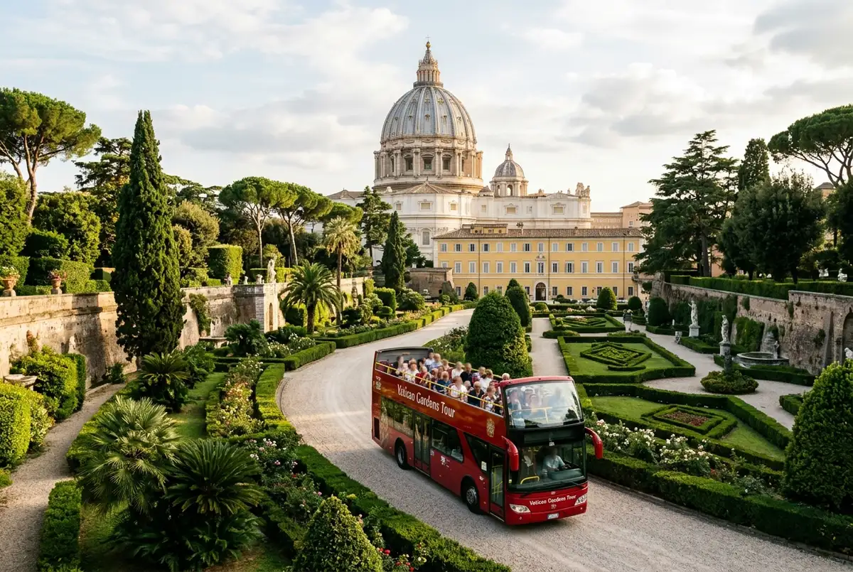 Open-top tour bus winding through manicured Vatican Gardens with St Peter's dome visible above the trees