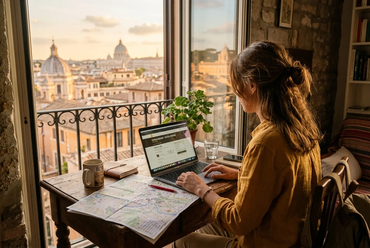 Viajante a reservar um ingresso vaticano site oficial num portátil numa mesa de apartamento em Roma, com um mapa da cidade ao lado