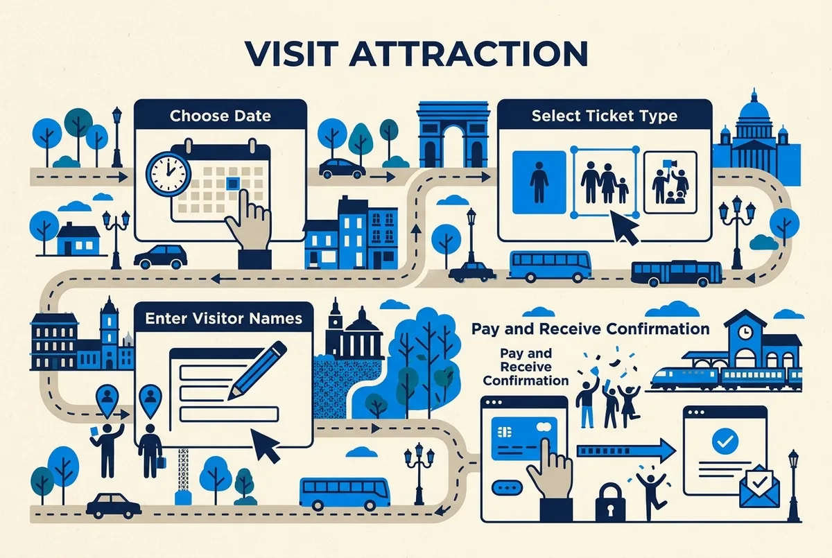 Infográfico passo a passo do processo de reserva no site oficial de ingresso vaticano: escolher data, selecionar tipo de bilhete, introduzir nomes dos visitantes, pagar e receber confirmação
