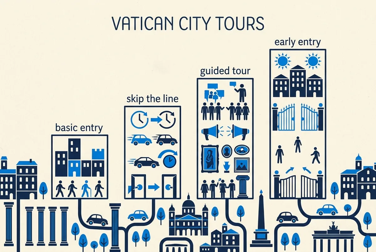 Bar-style infographic showing Vatican museum ticket prices from cheapest to most expensive, labeled entry ticket, skip the line, guided tour and early entry