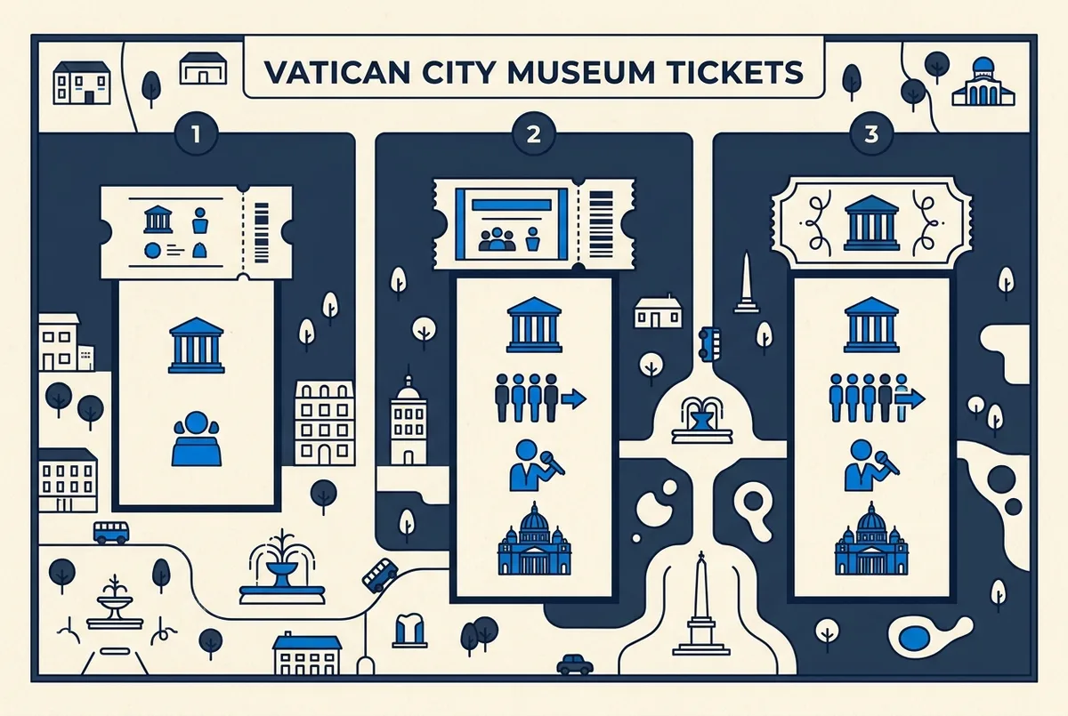 Infographic comparing Vatican museum ticket types by price tier and what each includes, with simple icons for guide, skip the line and Basilica access