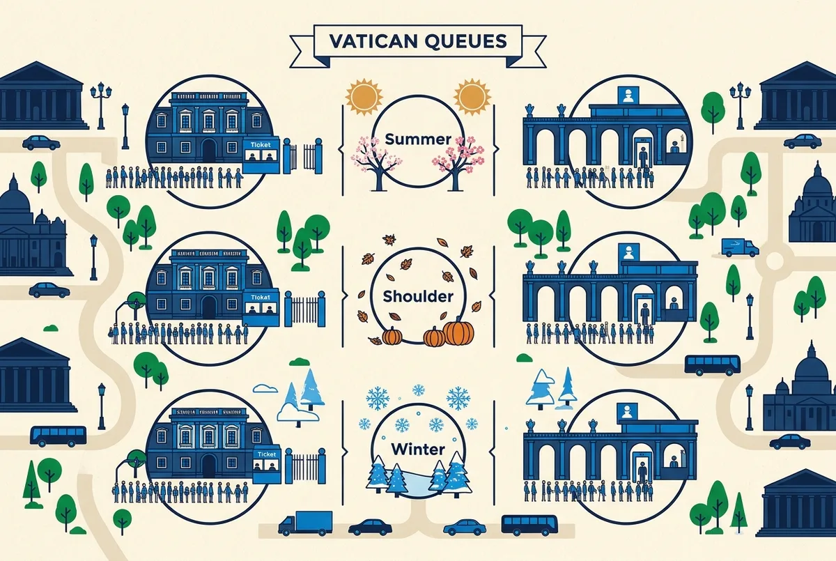 Infografía sencilla comparando los tiempos de espera en la cola de entradas al vaticano sin colas frente a la cola de seguridad en verano, temporada media e invierno
