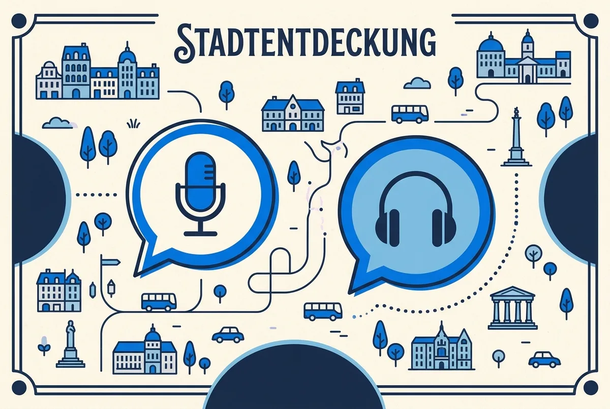 Einfache Infografik mit zwei Sprechblasen, eine mit einem Mikrofon-Symbol für Live-Guide, eine mit einem Kopfhörer-Symbol für Audioguide, zur Erklärung der Optionen für eine Vatikan Führung auf Deutsch