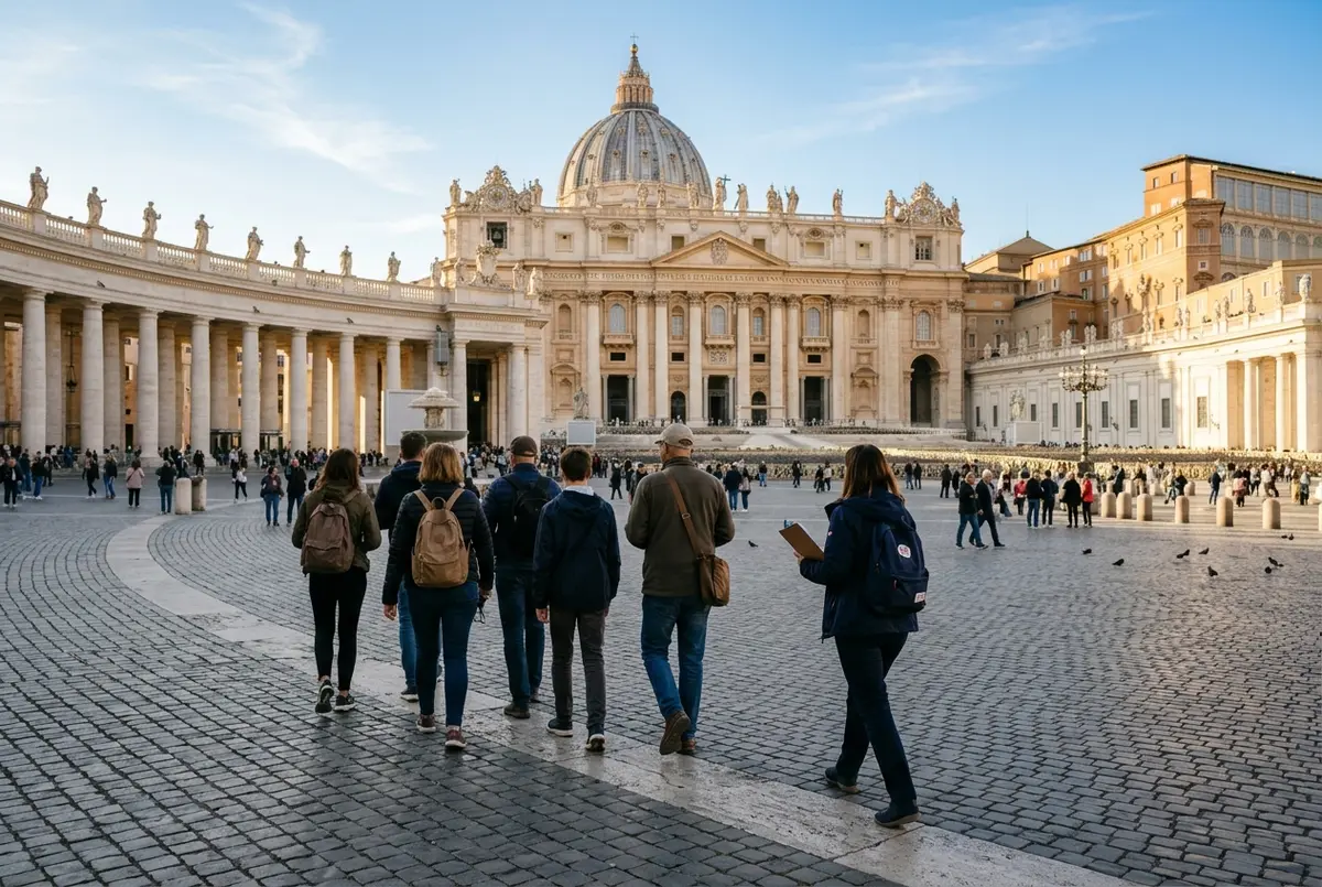 Small group of travelers following a guide across St Peter's Square toward the Vatican Museums entrance in soft morning light